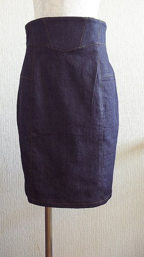 Plaid shirt and denim skirt
