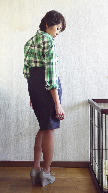 Plaid shirt and denim skirt